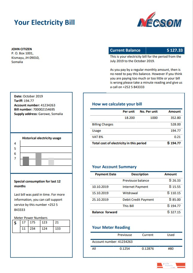 Somalia NESCOM Company electricity utility bill template in Word and PDF format